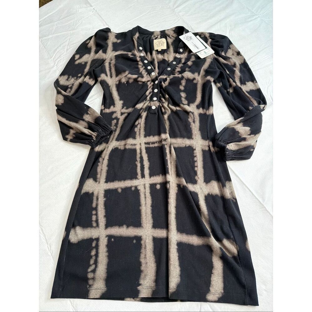 NWT Chaser XS Rib Knit Midi Dress Brown Black Tie Dye Plaid Puff Sleeve New